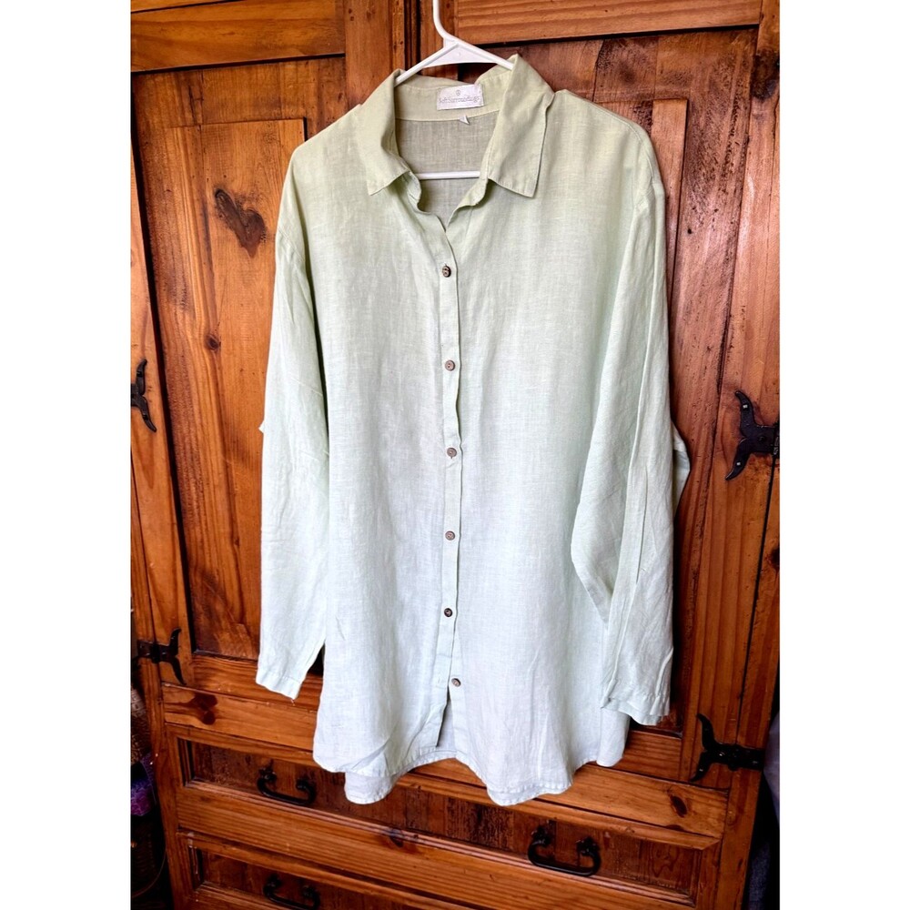 Soft Surroundings Pale Green 100% Linen Button Front Tunic Blouse Sz 1X